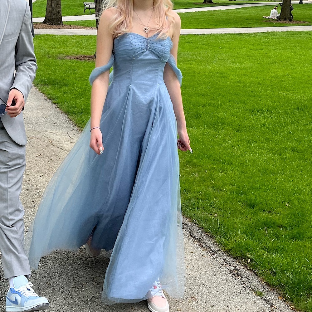 Light blue off the shoulder prom dress